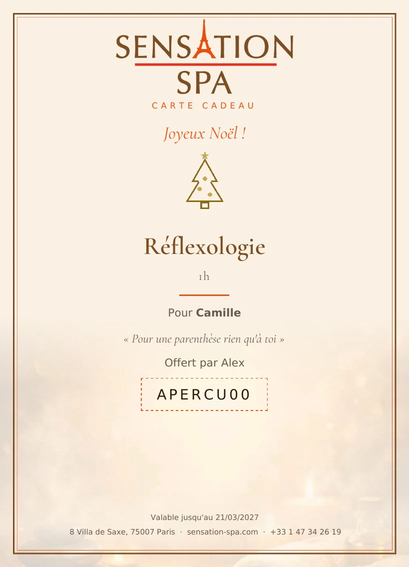 Carte cadeau Sensation Spa Paris personnalisée au nom du bénéficiaire, avec le soin choisi et sa durée