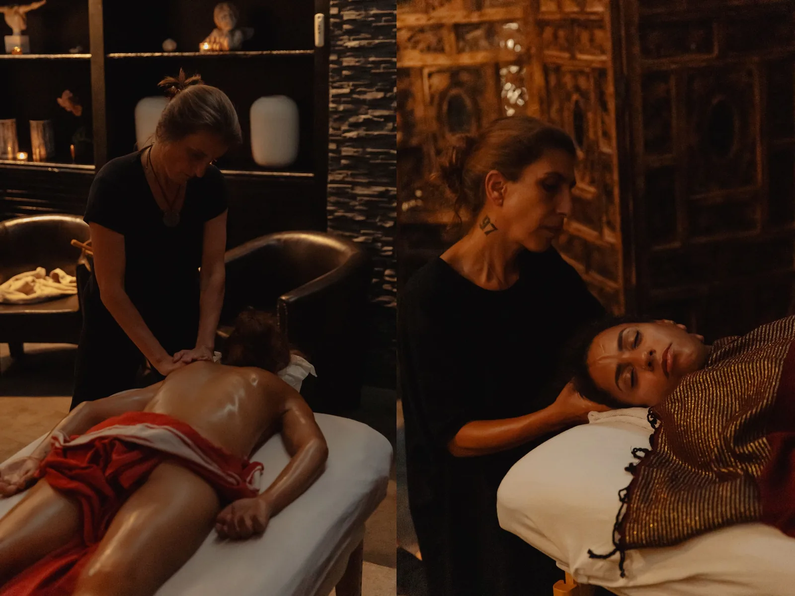 Massage en duo à Sensation Spa Paris : deux praticiennes, deux tables, dans la lumière tamisée de l'institut.